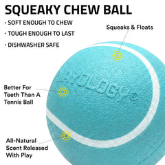 Playology jumbo squeaky chew ball with a close-up view of its squeaker.