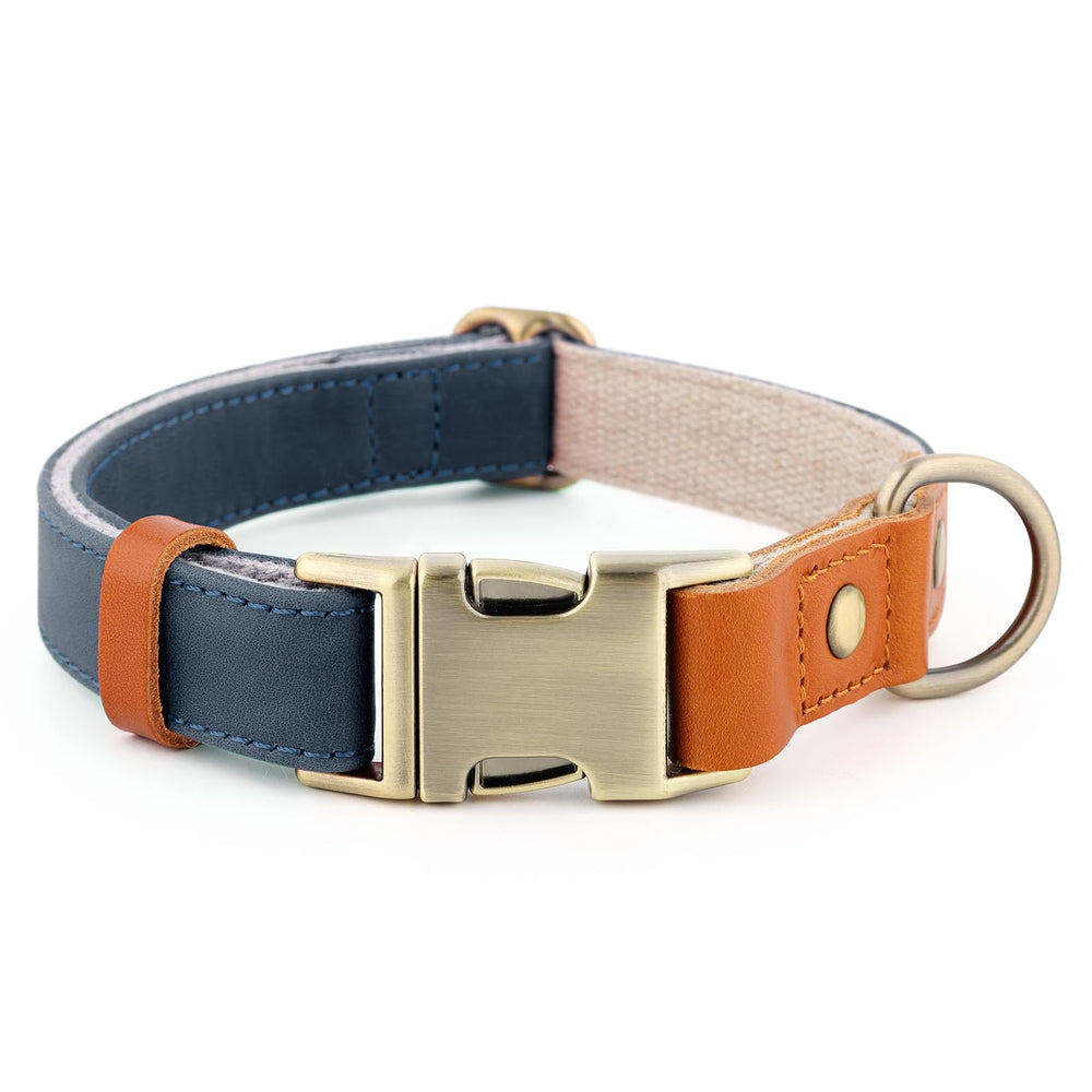 PLUTUS PET dog collar shown from the front with its leather and hemp design.