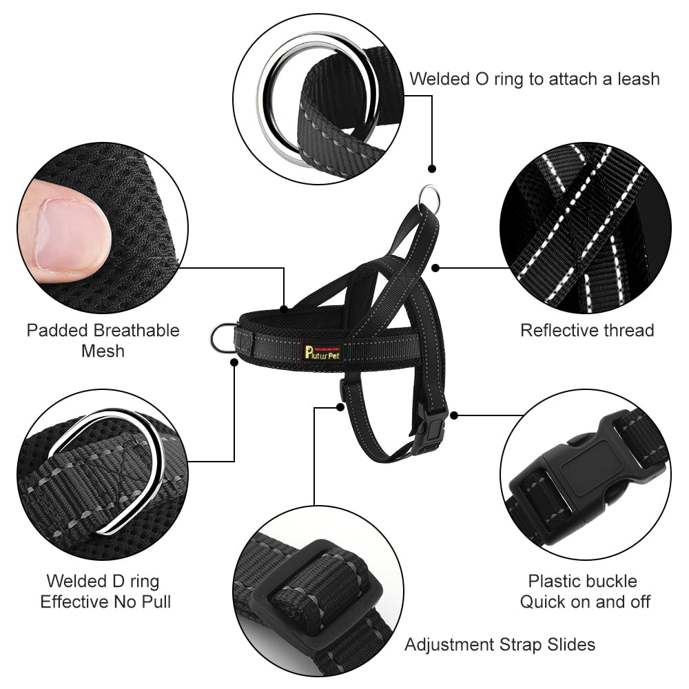 PLUTUS PET dog harness close-up showing the welded D-ring on the chest strap.