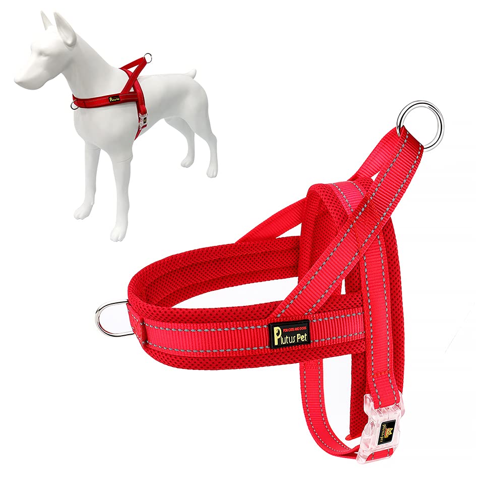 PLUTUS PET dog harness shown from the front with its chest clip visible.