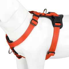 PLUTUS PET dog harness shown from the front with its adjustable straps and leather accents.