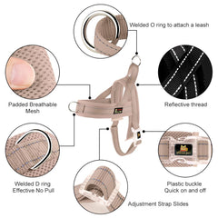 PLUTUS PET dog harness close-up showing the breathable mesh padding on the straps.