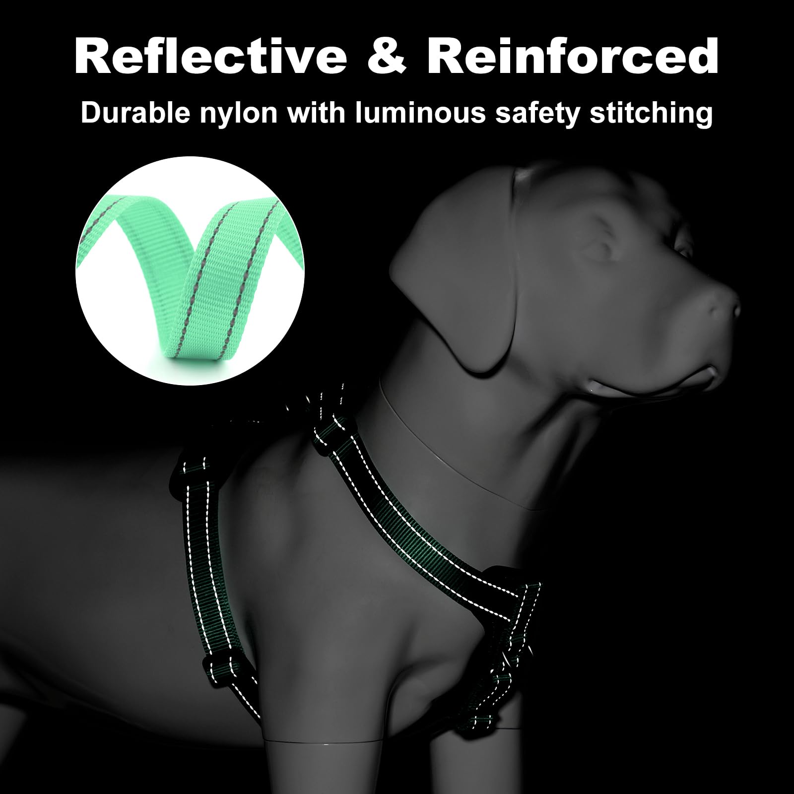 PLUTUS PET dog harness close-up showing reflective stitching.
