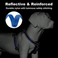 PLUTUS PET dog harness with reflective stitching shown in detail.