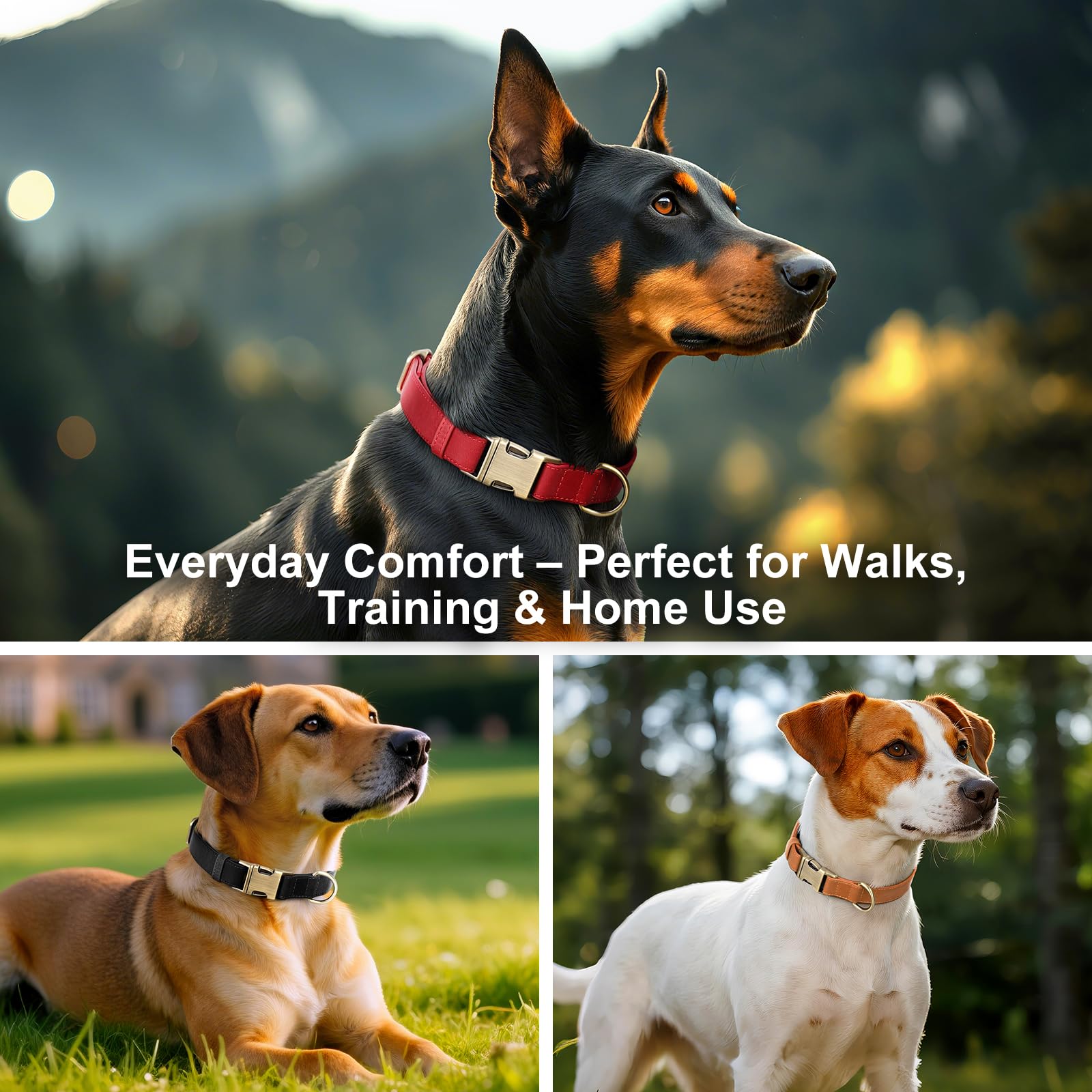 PLUTUS PET leather dog collar worn by a dog on a walk.