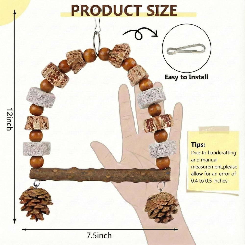 POBPIYD bird swing toy close-up showing the real pine cones for chewing.