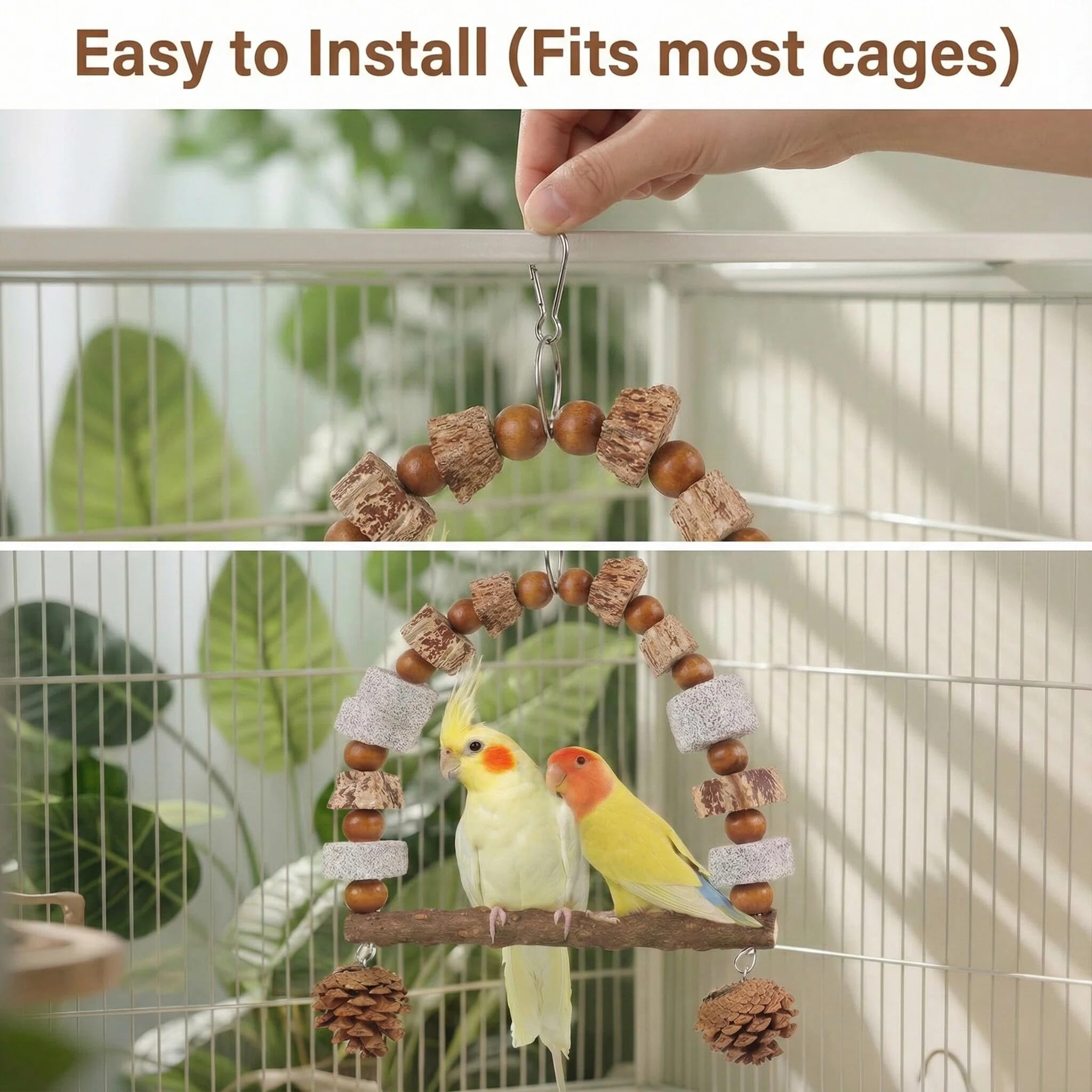 POBPIYD bird swing toy shown from the side to display its hanging shape and parts.