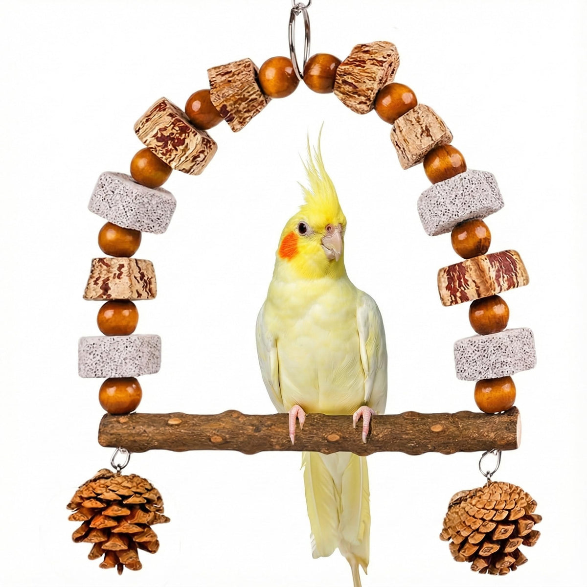 POBPIYD bird swing toy shown from the front with its hanging perch and chew materials.