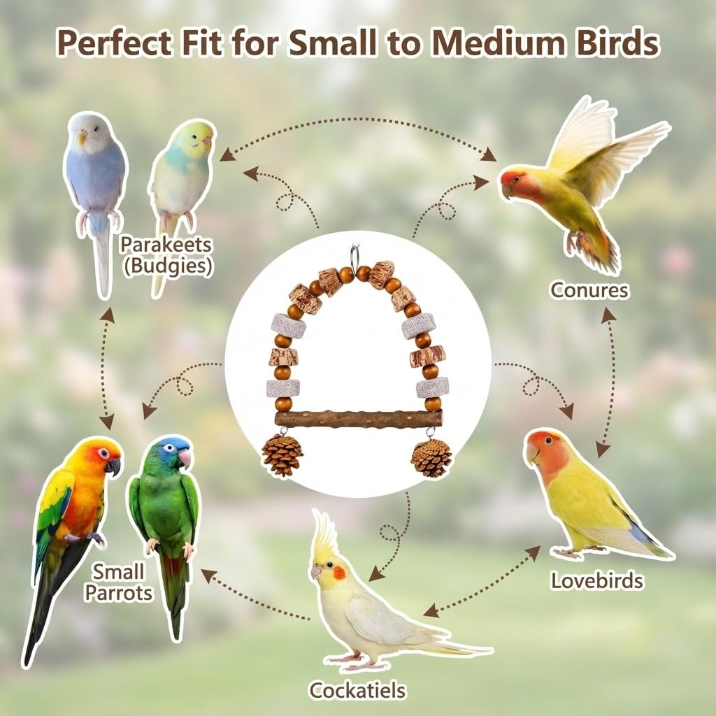 POBPIYD bird swing toy close-up showing wooden beads and textured unfinished wood.