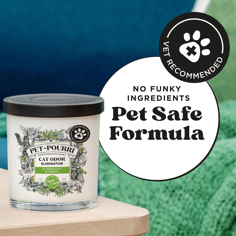 Poo-Pourri cat deodorizer candle shown lit.