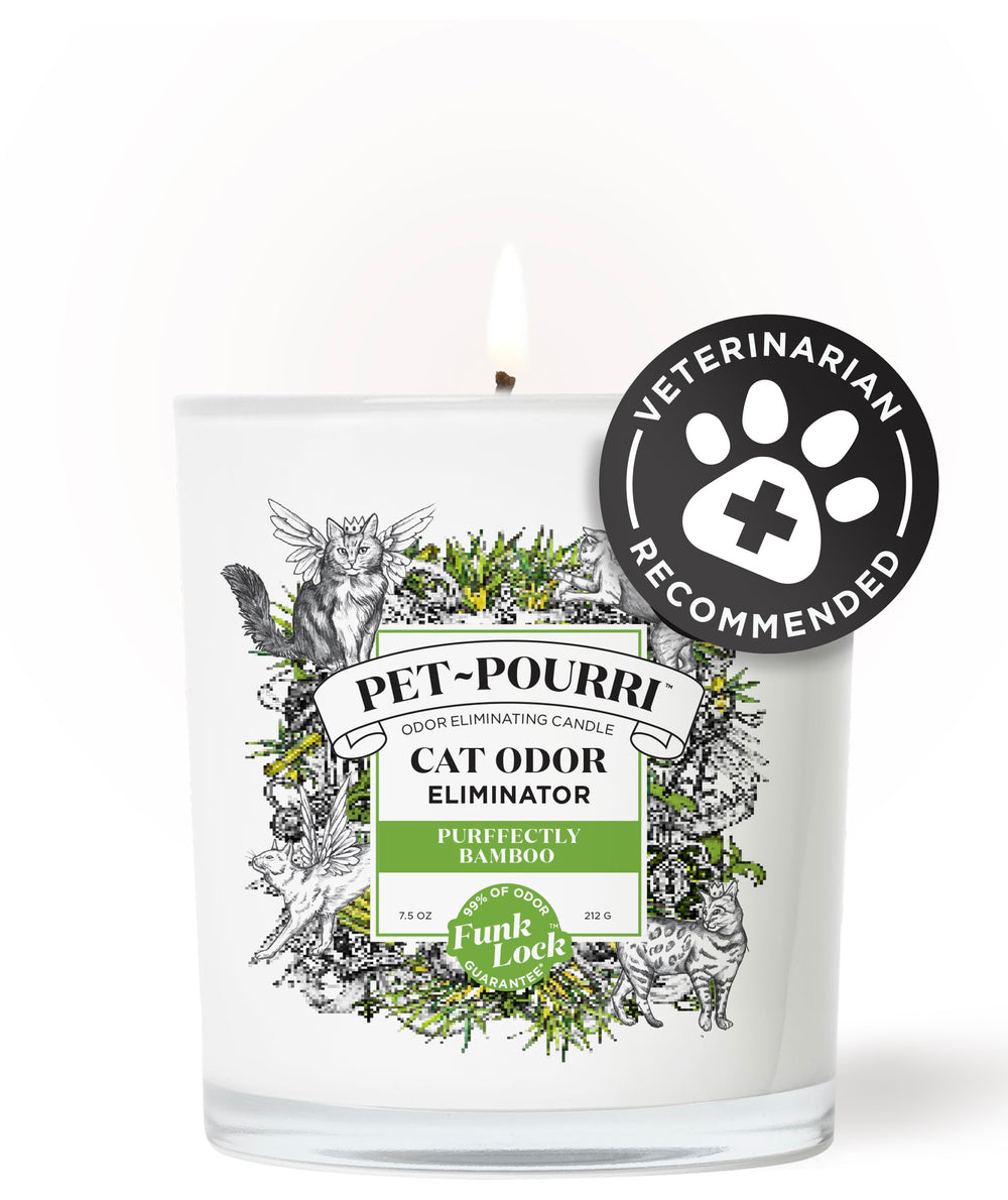 Poo-Pourri cat deodorizer candle and its product packaging.