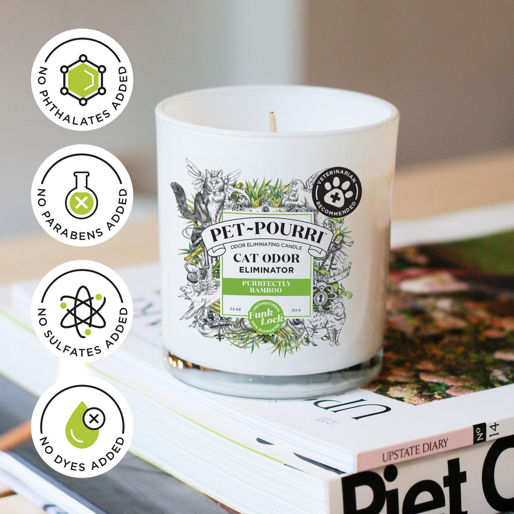 Poo-Pourri cat deodorizer candle shown in a home setting.