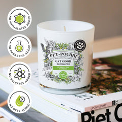Poo-Pourri cat deodorizer candle shown in a home setting.