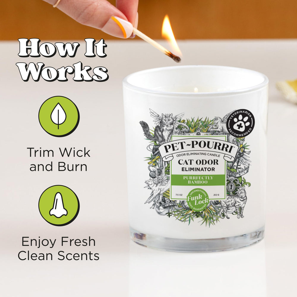 Poo-Pourri cat deodorizer candle shown from a side angle.