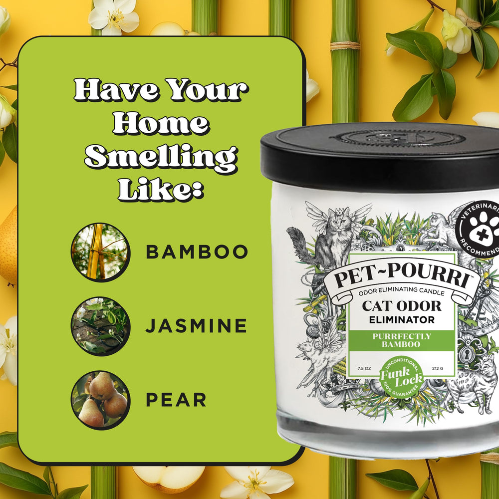 Poo-Pourri cat deodorizer candle shown beside its packaging.