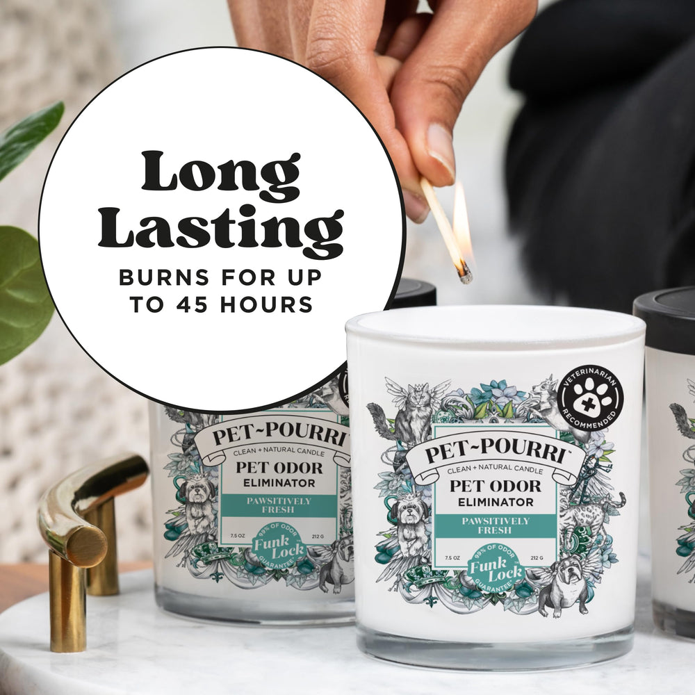 Poo-Pourri Pet-Pourri Pawsitively Fresh pet odor candle shown from the back.
