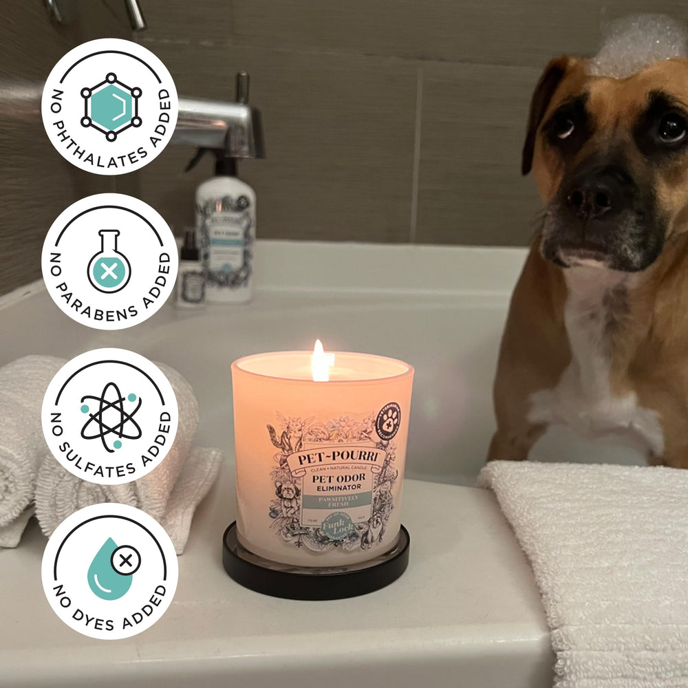 Poo-Pourri Pet-Pourri Pawsitively Fresh pet odor candle shown lit.