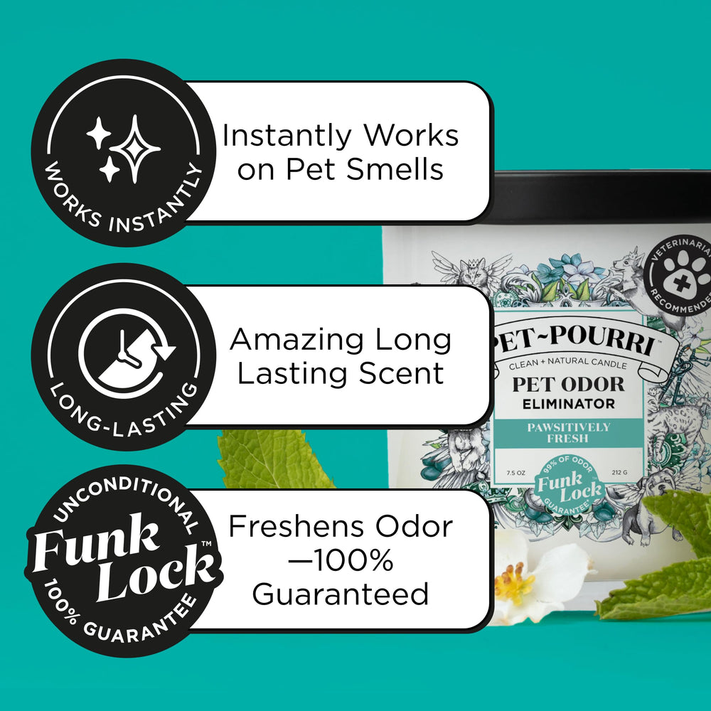 Poo-Pourri Pet-Pourri Pawsitively Fresh pet odor candle with its cotton wick visible.