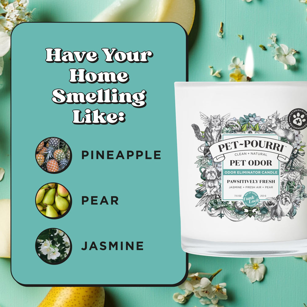 Poo-Pourri Pet-Pourri Pawsitively Fresh pet odor candle highlighting its Pineapple, Jasmine and Pear fragrance.