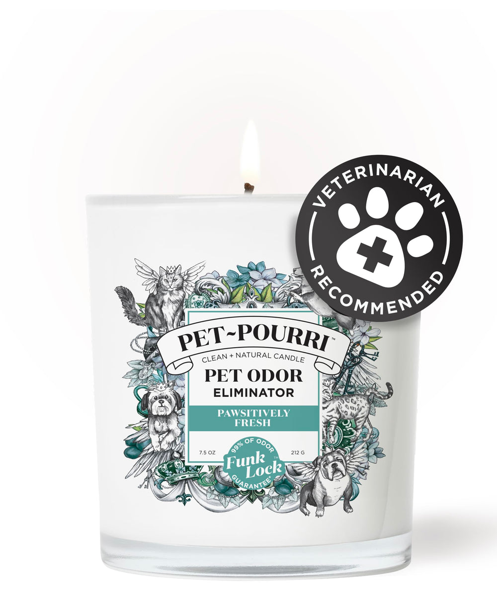 Poo-Pourri Pet-Pourri Pawsitively Fresh pet odor candle label detail.