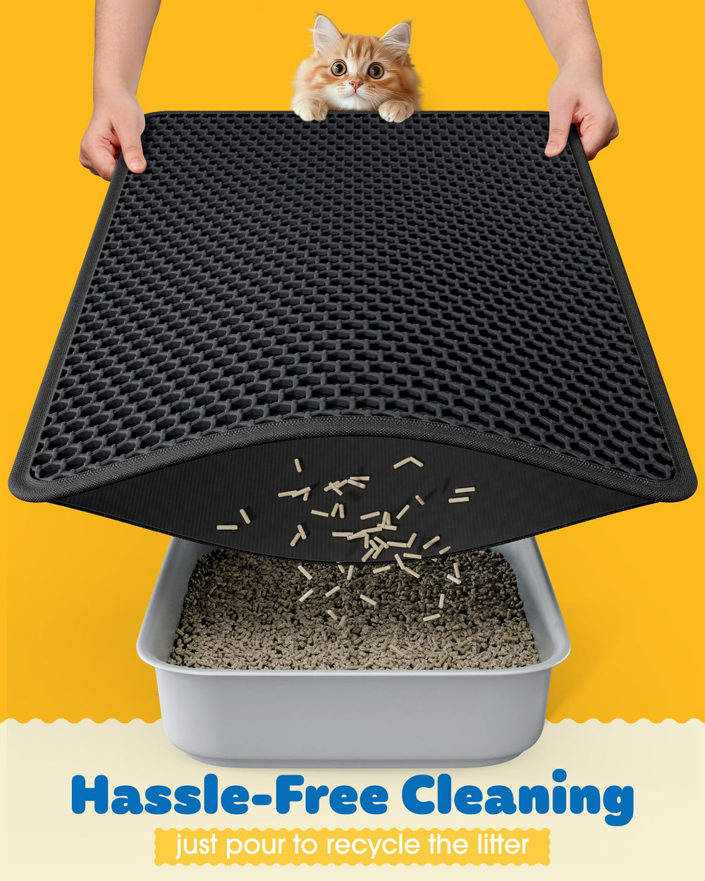 Powools cat litter mat shown with its envelope-shaped opening for emptying collected litter.