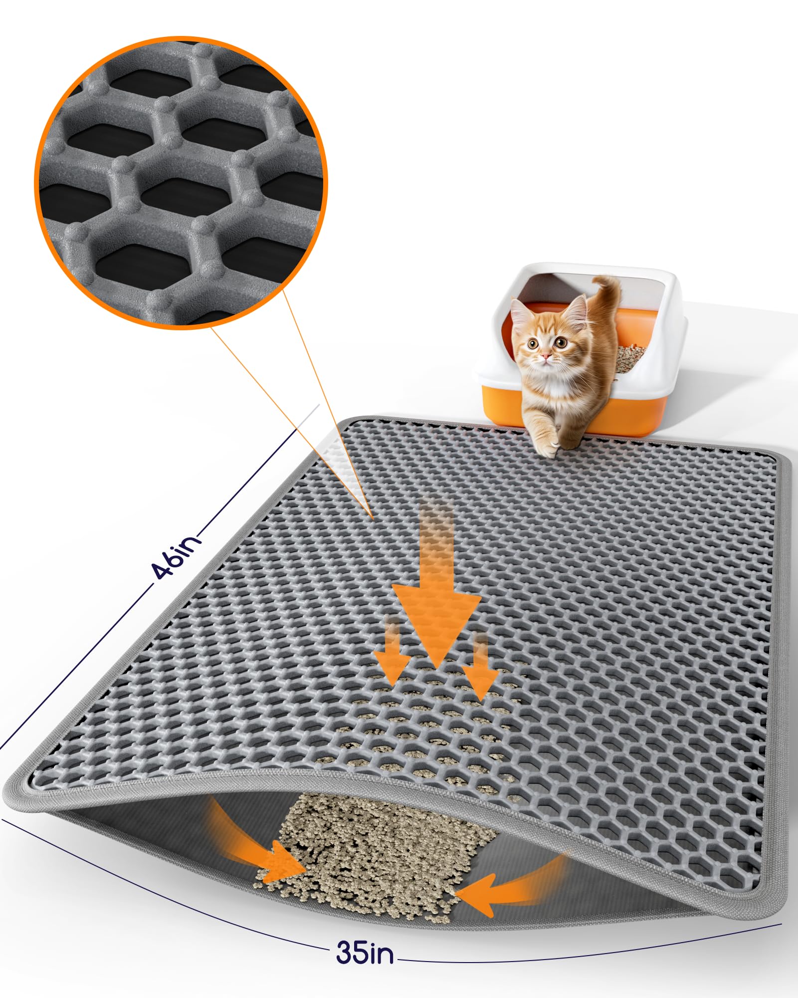 Powools cat litter mat placed beneath food and water bowls to catch spills and crumbs.