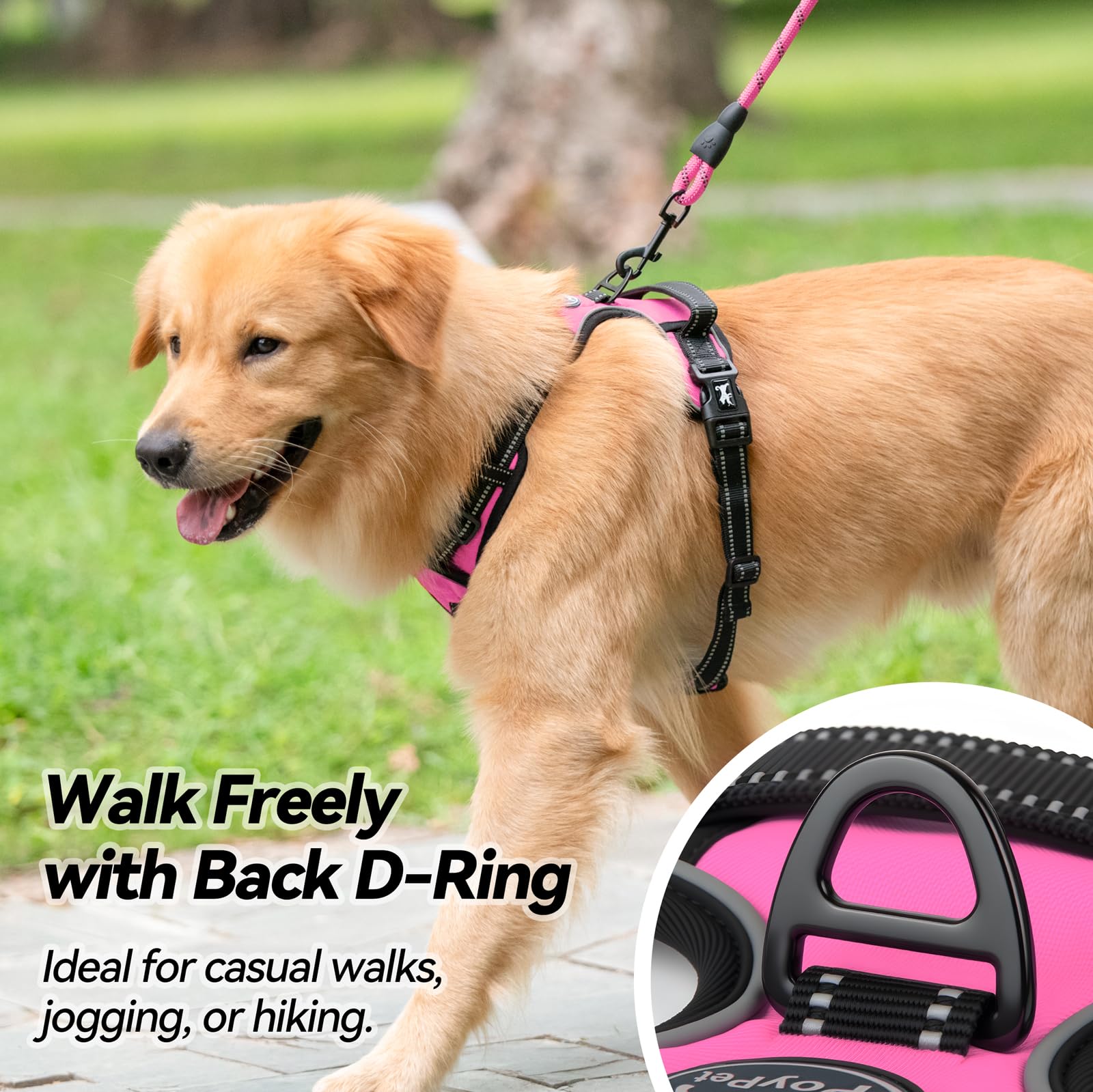 PoyPet dog harness back leash attachment clip close-up.