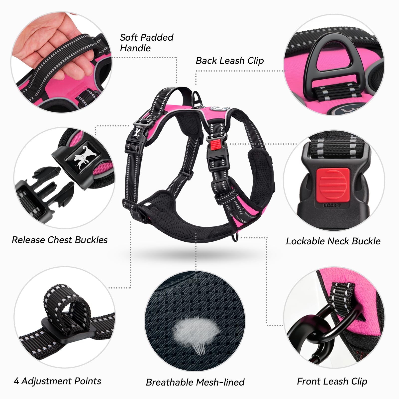 PoyPet dog harness reflective stitching detail.