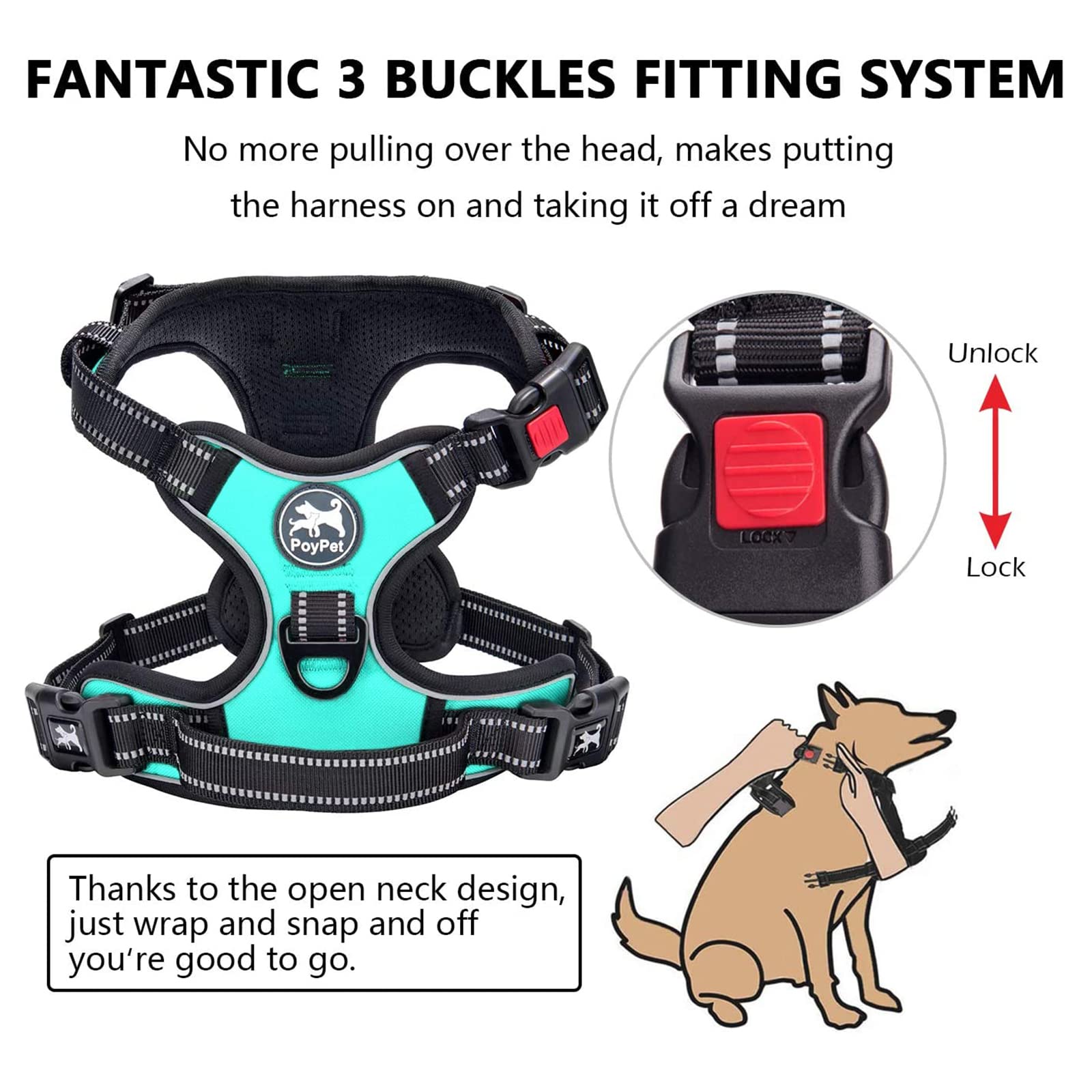 PoyPet Large No Pull Dog Harness neckline with its lockable quick-snap buckle.