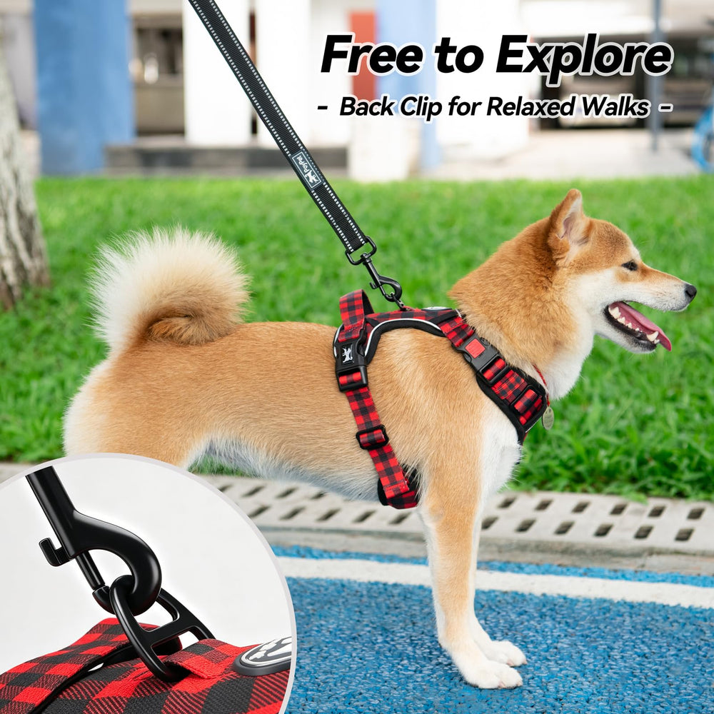 PoyPet Plaid Dog Harness detail showing its two belly release buckles.