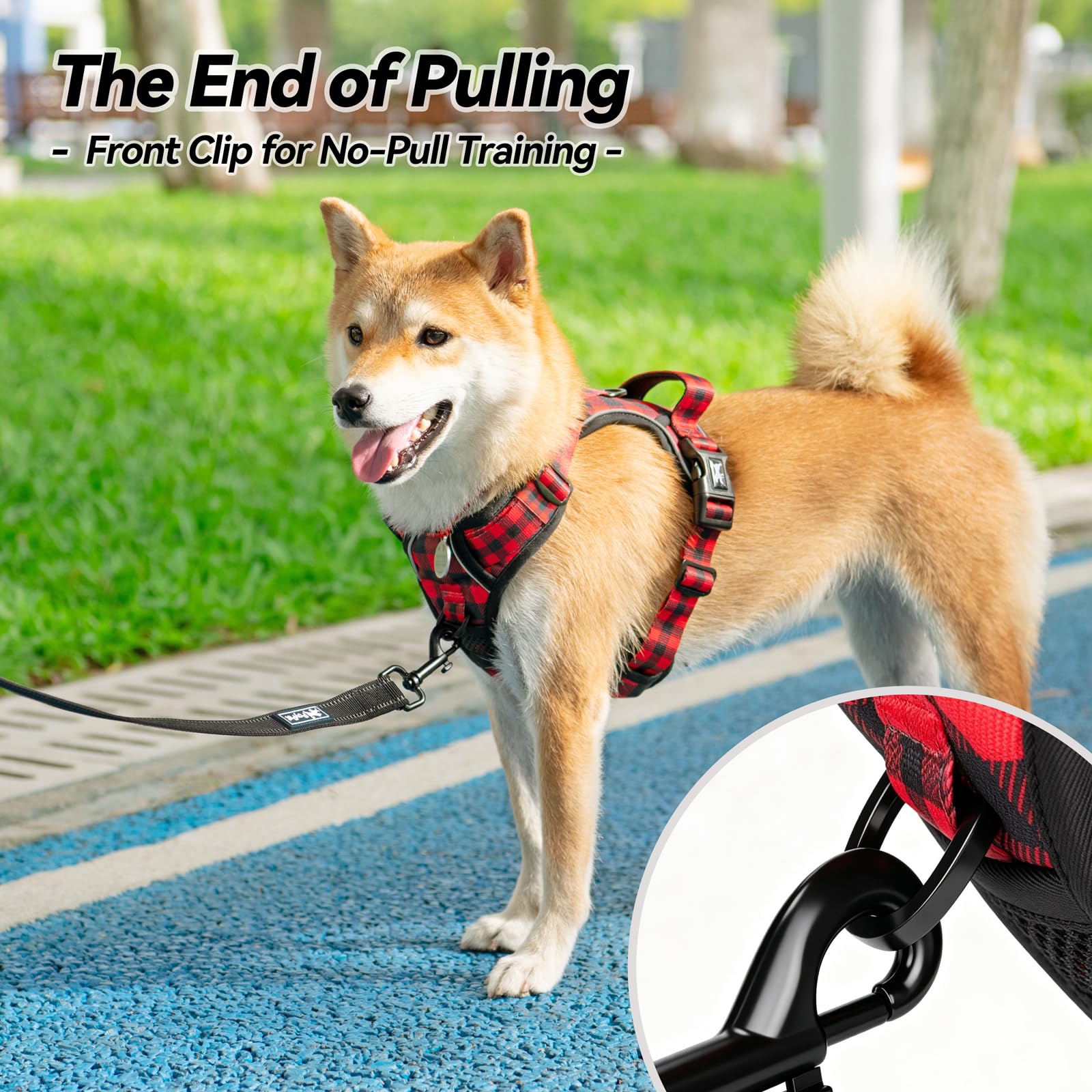 PoyPet Plaid Dog Harness fabric and padded mesh detail.