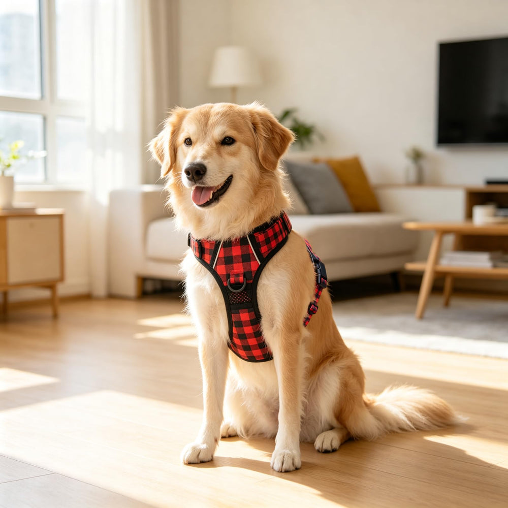 PoyPet Plaid Dog Harness fitted on a dog for an outdoor walk.