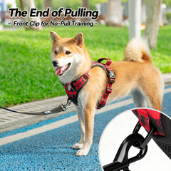 PoyPet Plaid Dog Harness detail showing the red security buckle at the neck.