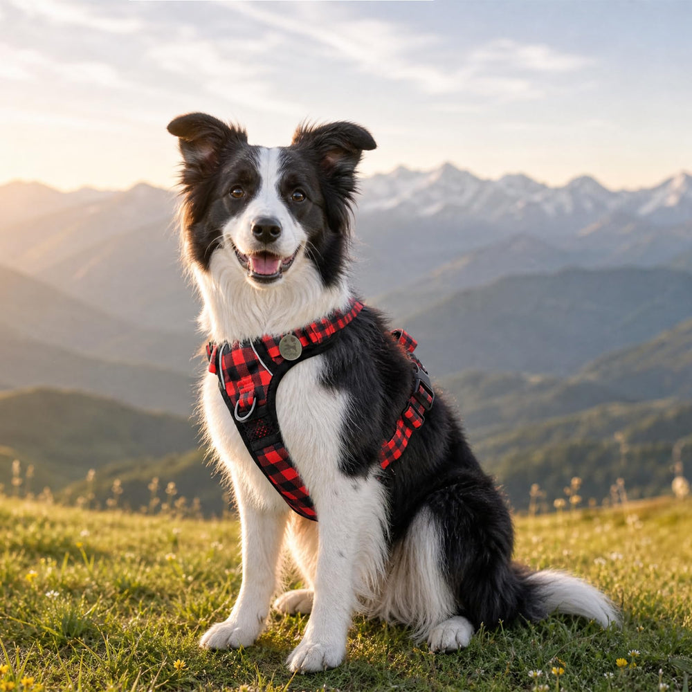 PoyPet Plaid Dog Harness reflective stitching detail.