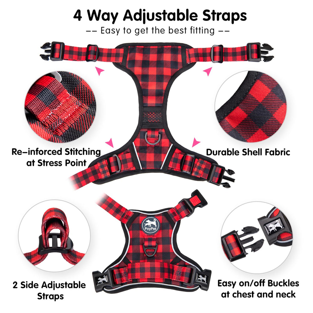 PoyPet Plaid Dog Harness close-up showing reflective stitching.