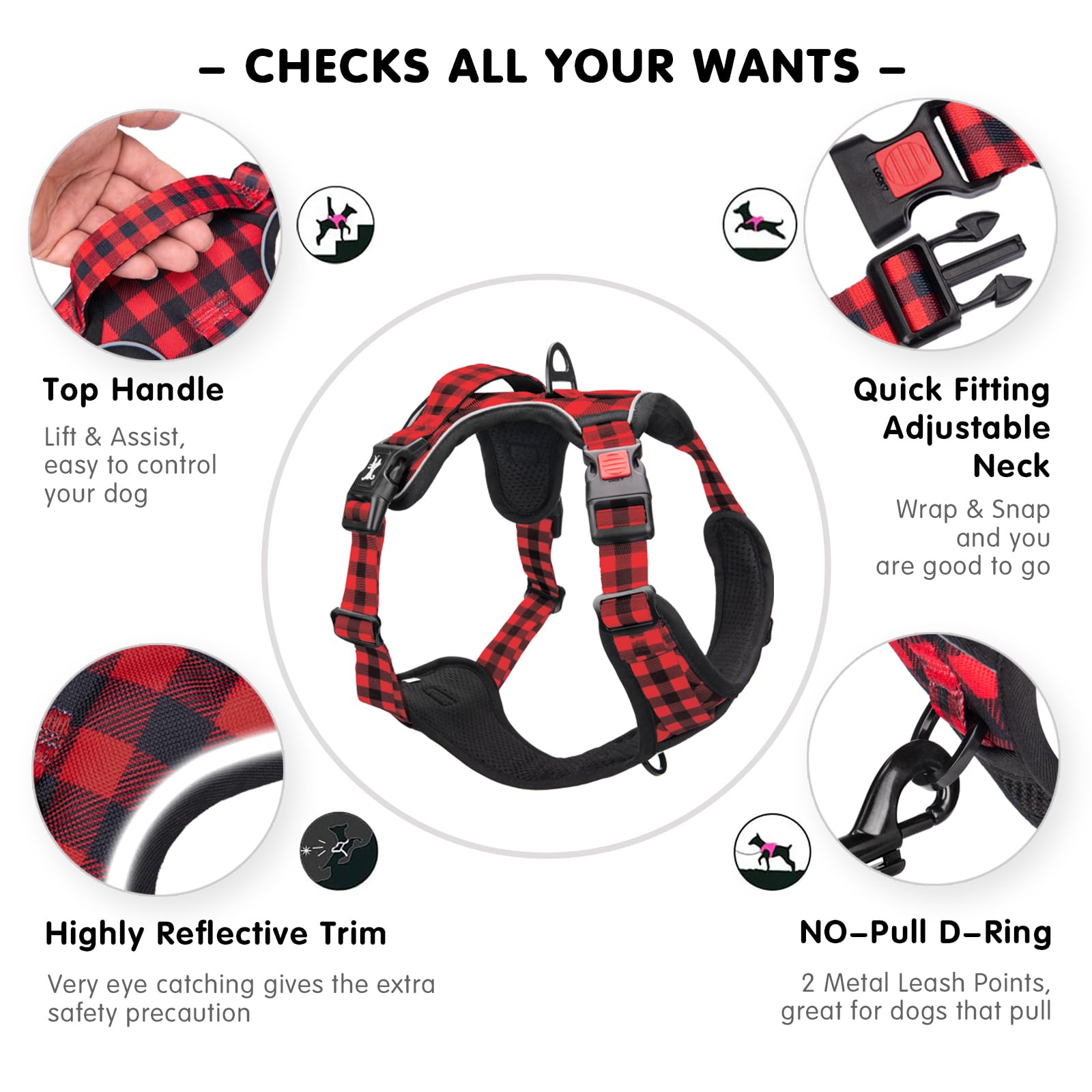 PoyPet Plaid Dog Harness rear handle for close control.