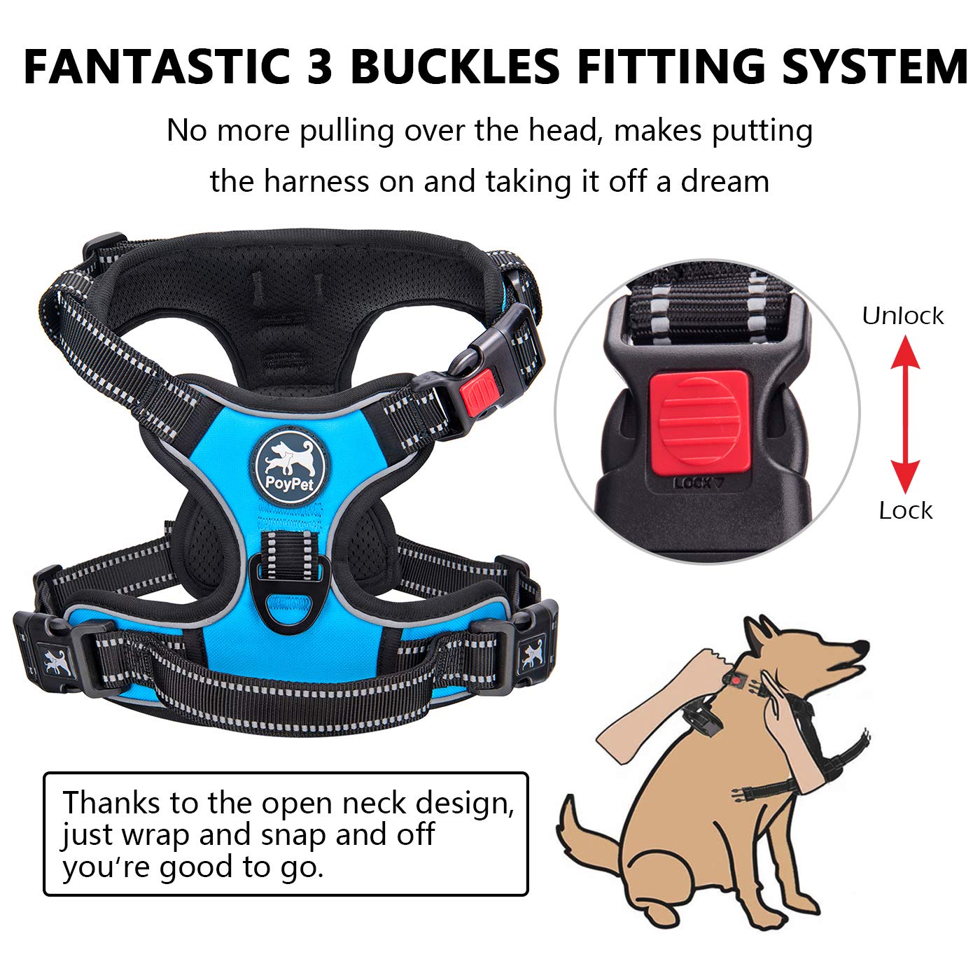 PoyPet small dog harness with its quick-snap neck buckle in focus.