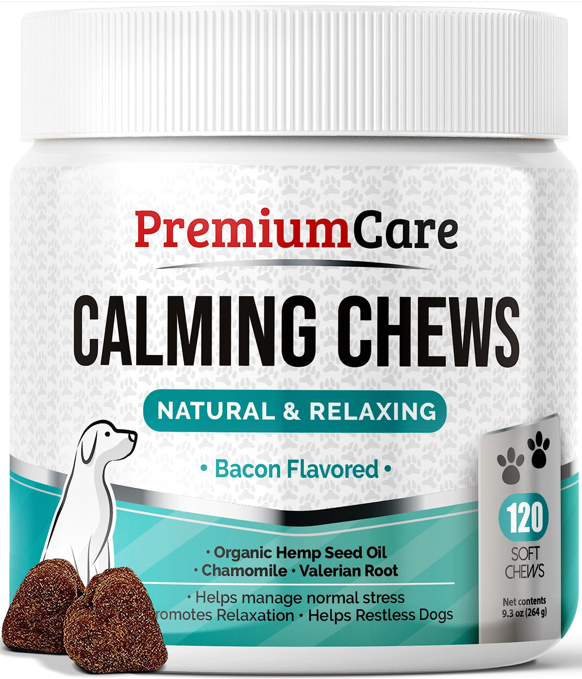 PREMIUM CARE Calming Chews package shown from the front.