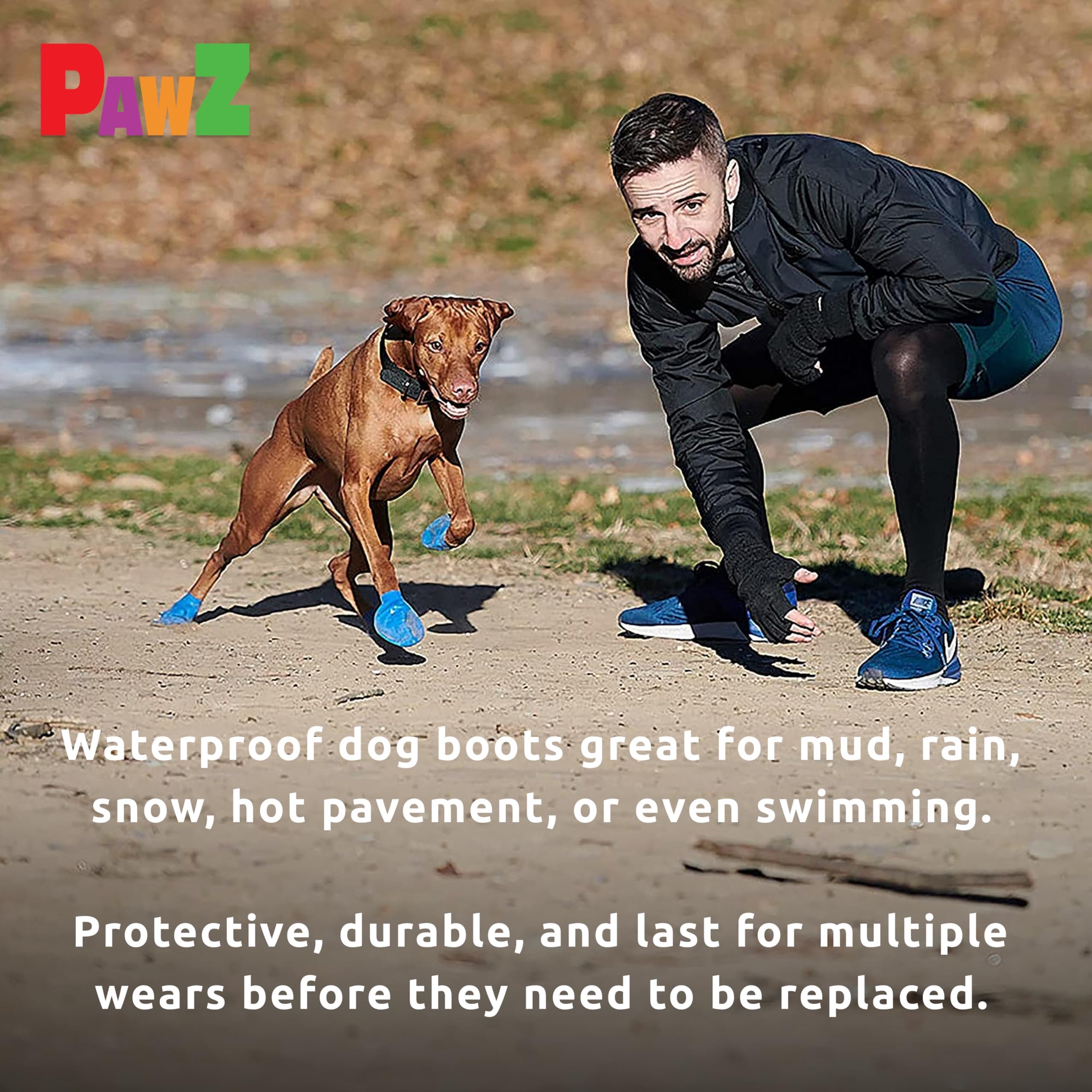 Protex PawZ rubber dog boots shown for rainy-weather use.