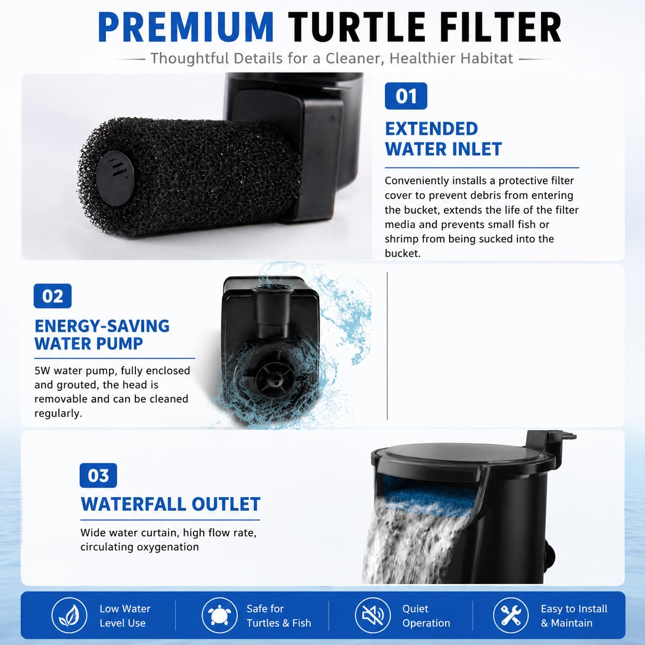 PUEUTU internal turtle tank filter shown from a side angle.