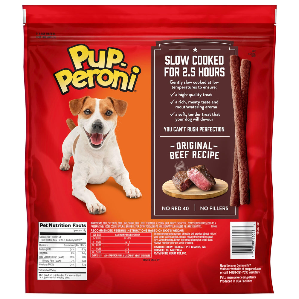 Pup-Peroni Original Beef dog treats shown with package details in focus.