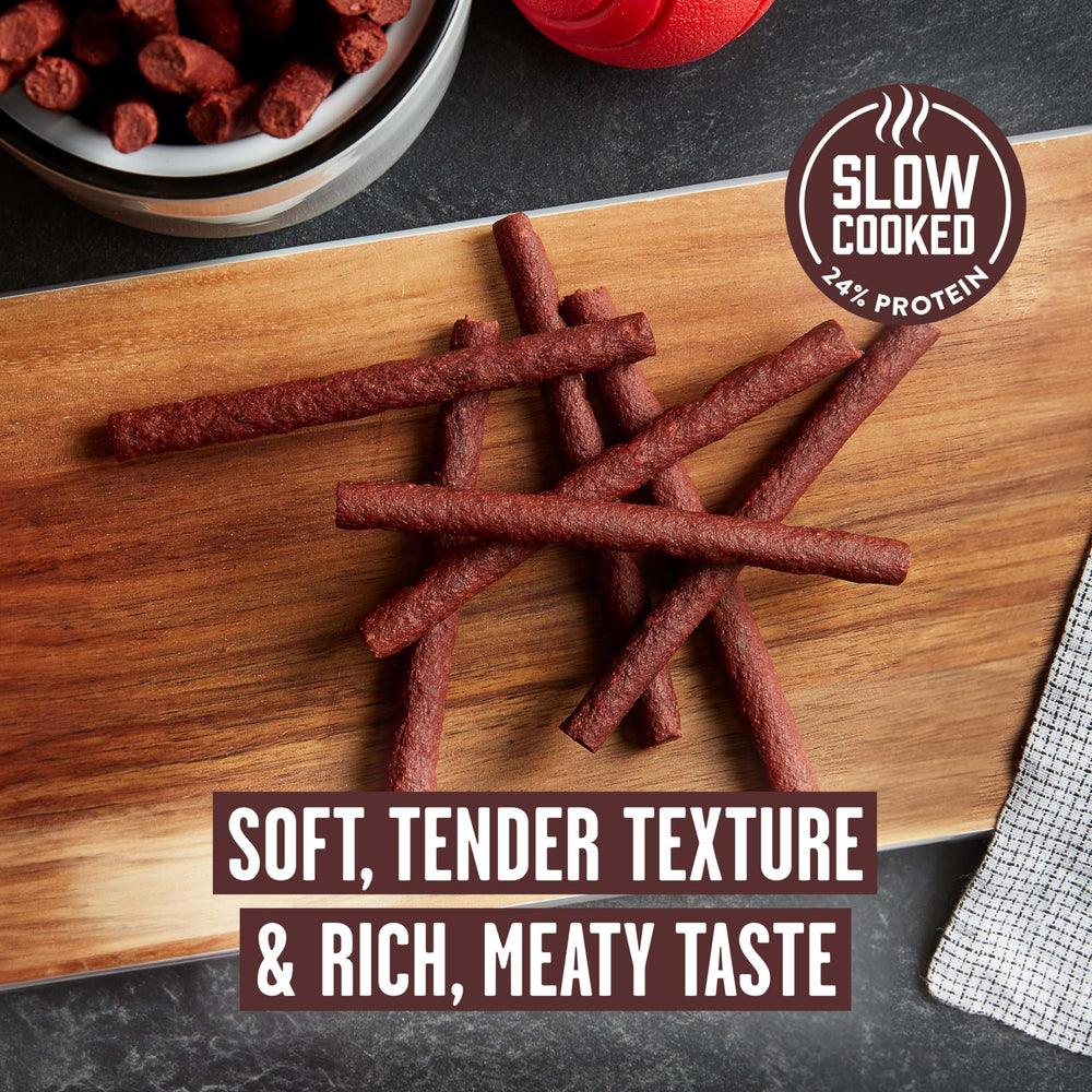 Pup-Peroni Original Beef dog treats shown close up to highlight their soft texture.