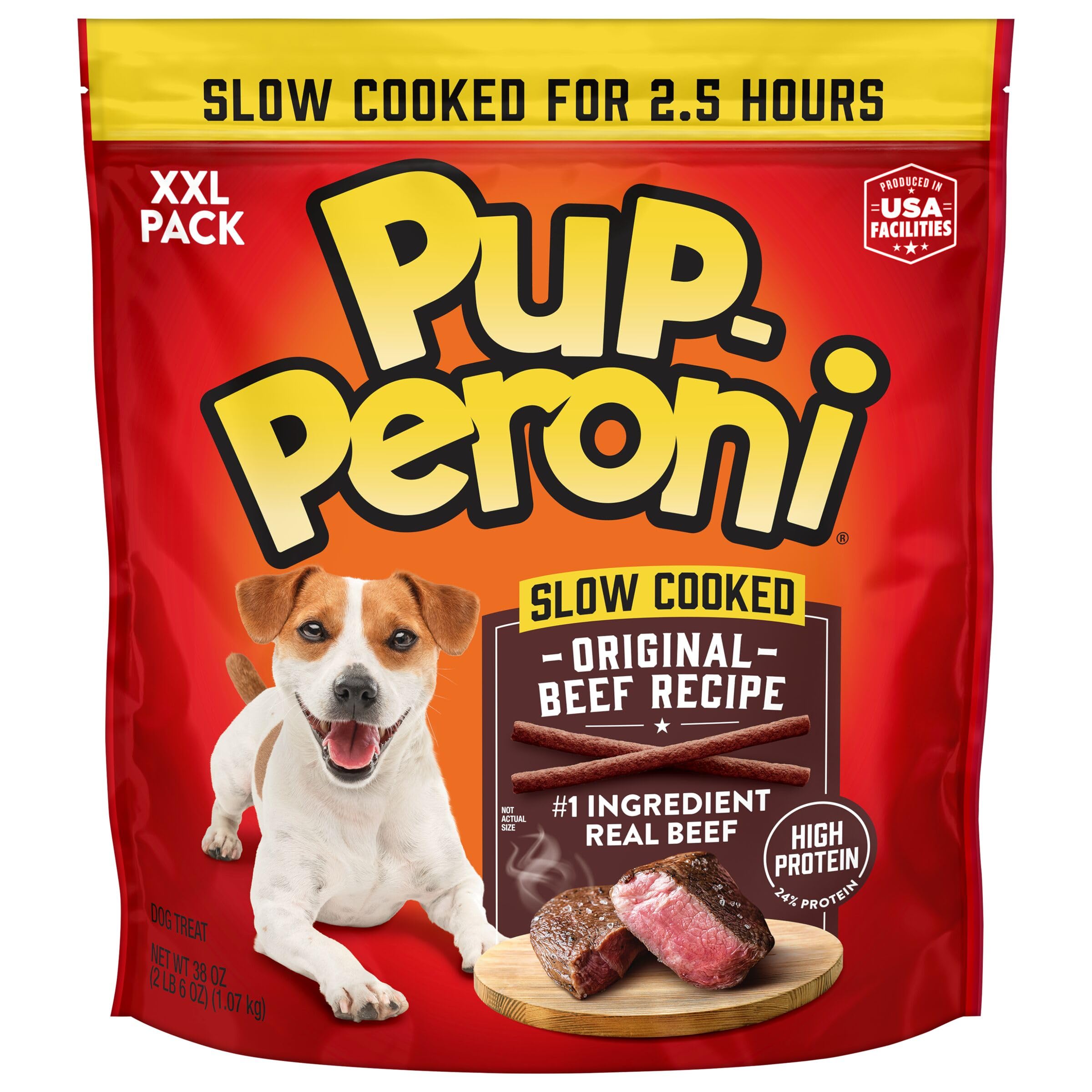 The back of the Pup-Peroni dog treats bag shown as a packaging view.