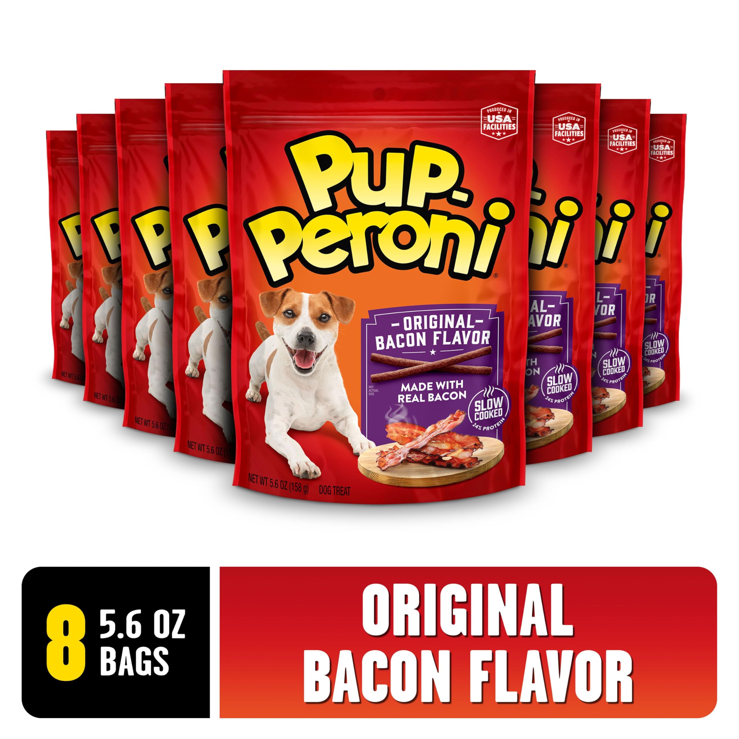 Pup-Peroni Original Bacon Flavor dog treats shown as an eight-bag pack.