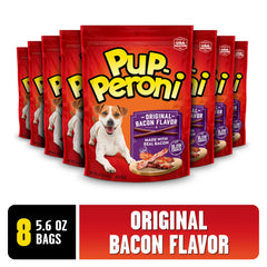 Pup-Peroni Original Bacon Flavor dog treats shown as an eight-bag pack.