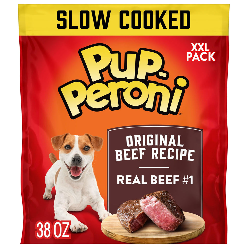 Pup-Peroni Original Beef Recipe dog treats shown with the front of the bag.