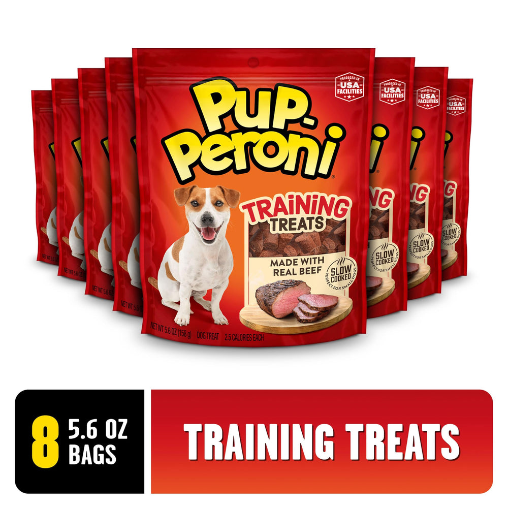 Pup-Peroni Training Treats eight-bag pack arranged together.