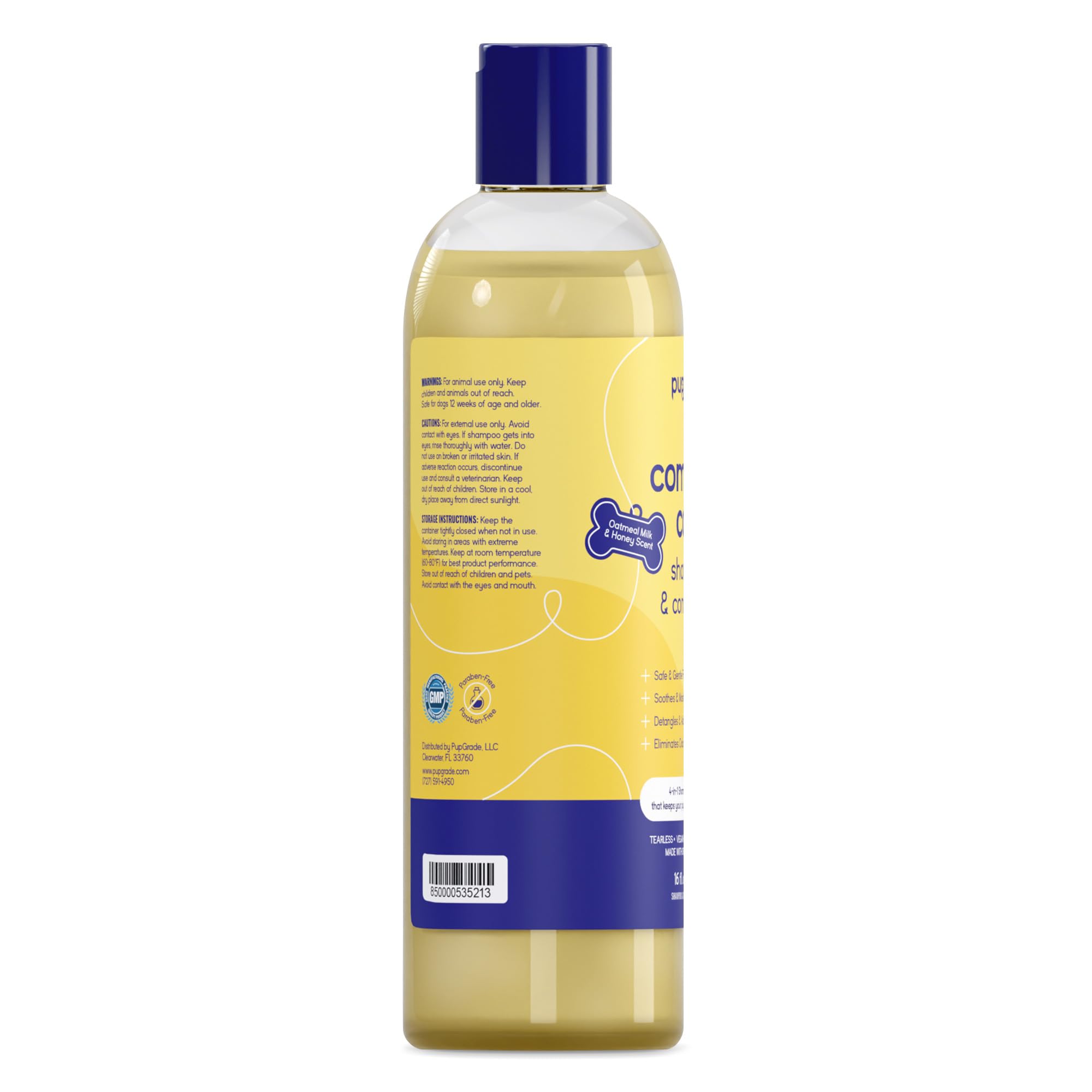 PupGrade dog shampoo and conditioner presented with its four grooming functions.