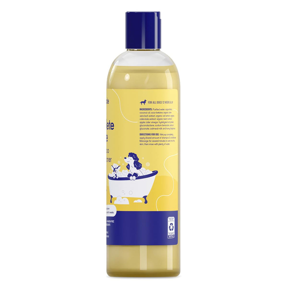PupGrade dog shampoo and conditioner packaging shown in close detail.