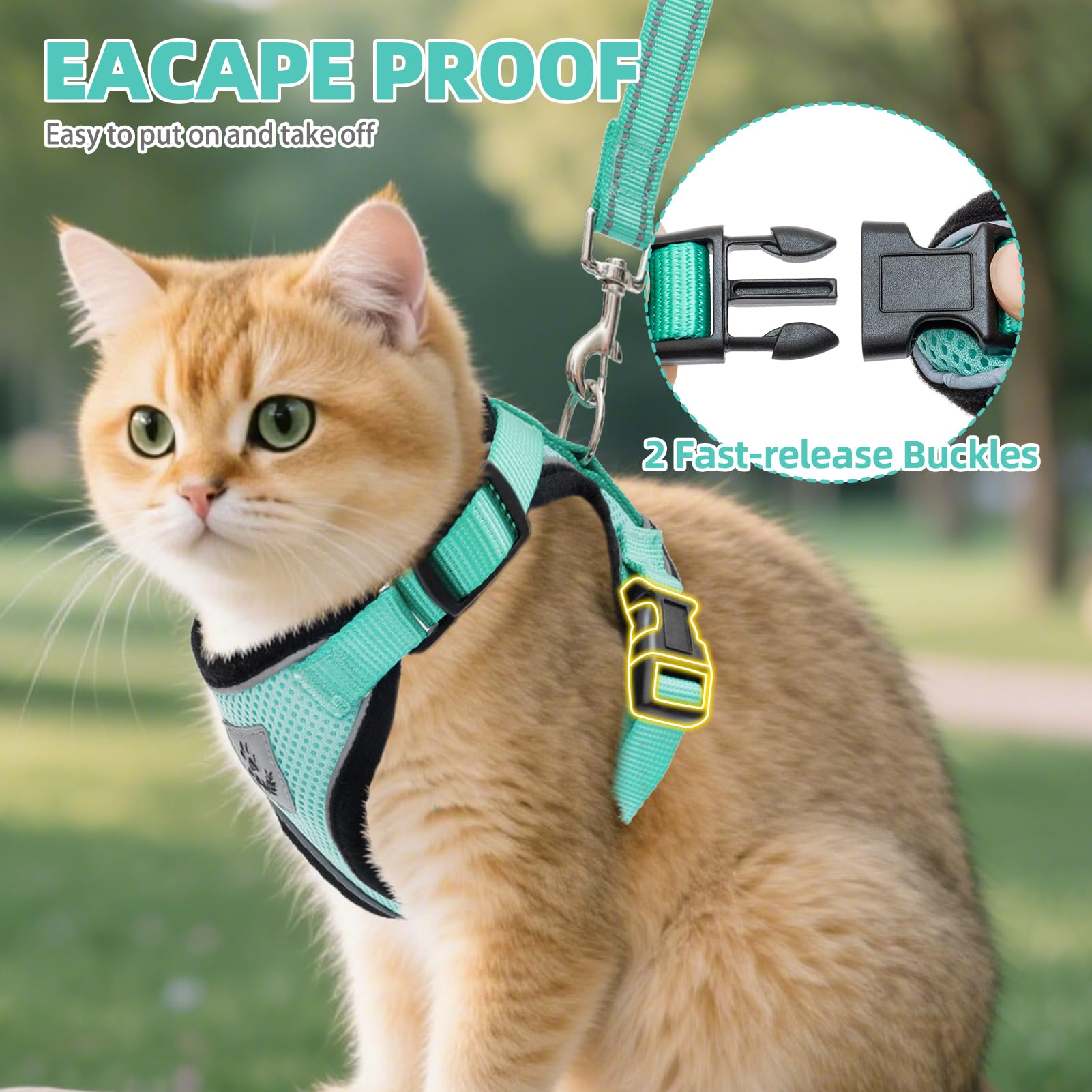 PUPTECK cat harness detail showing the quick-release buckle.